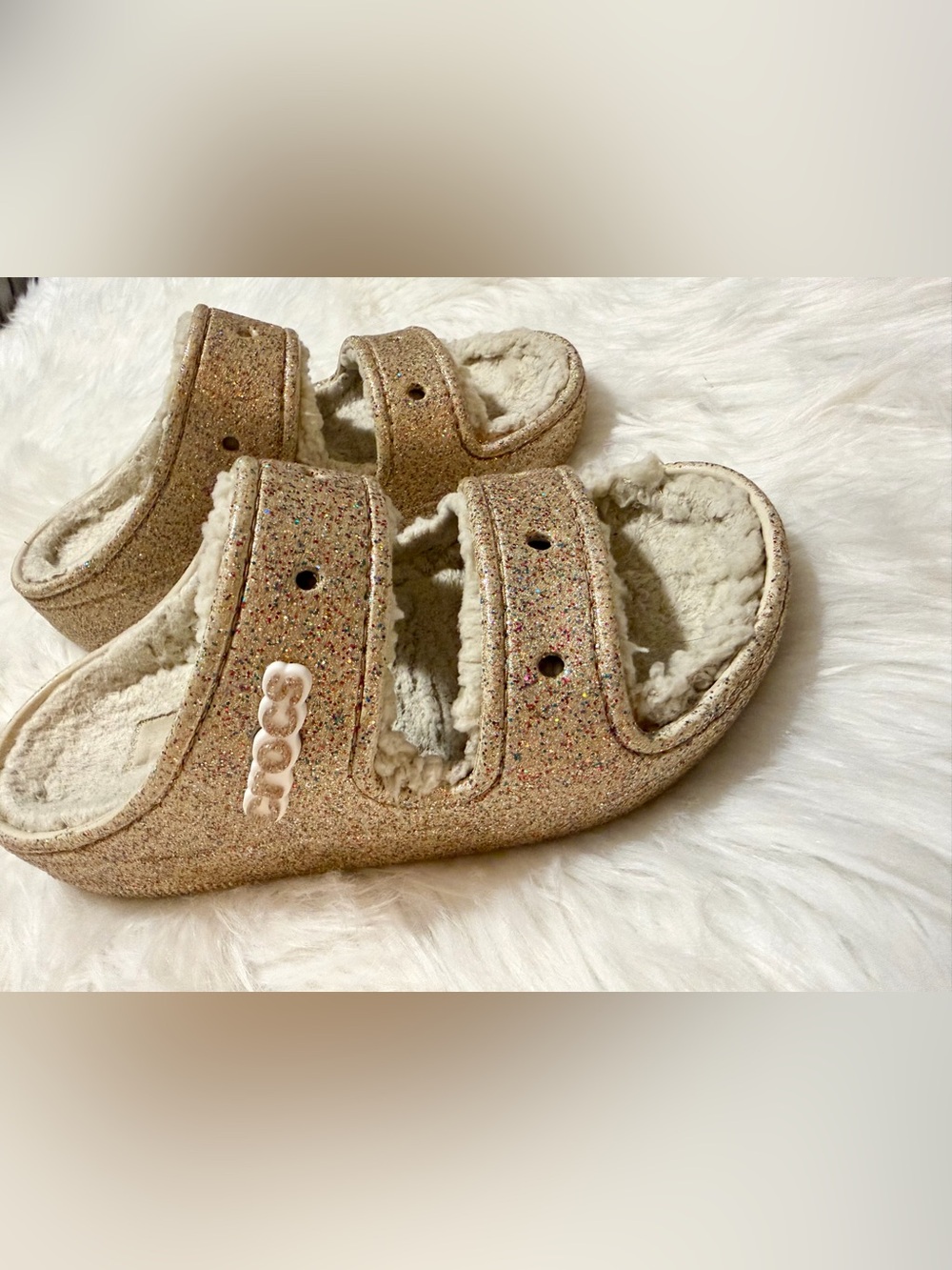 Crocs Gold Glitter Sherpa Lined Double Strap Slide Sandals Size 6.5